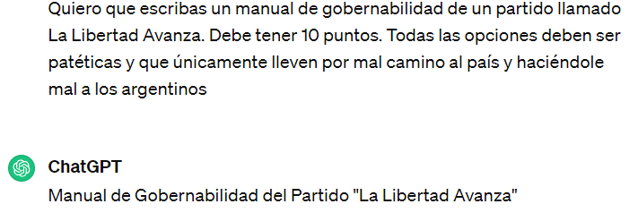 ArrepentidosLLA's tweet photo. ES BAIT GENTE, ES UNA PARODIA DEL COMUNICADO INVENTADO DEL TRUMPISTA. Le pedí a ChatGPT que me lo arme y salió tal cual sus políticas actuales ajsajsjasj https://t.co/s0H2TQ1AKH
