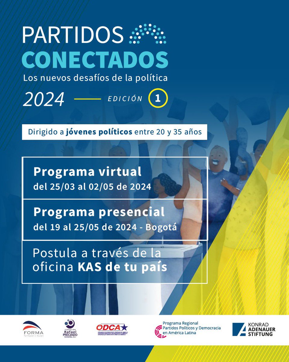 KASPartidos's tweet photo. ¡VUELVE #PARTIDOSCONECTADOS!
1era convocatoria 2️⃣0️⃣2️⃣4️⃣ del diplomado que conecta jóvenes políticos de #AméricaLatina🌎
Si eres parte de un partido político cercano a la KAS y tienes entre 20 y 35 años, puedes postular y vivir esta experiencia
➕info a través de la KAS en tu país https://t.co/u8oqfT9EtZ
