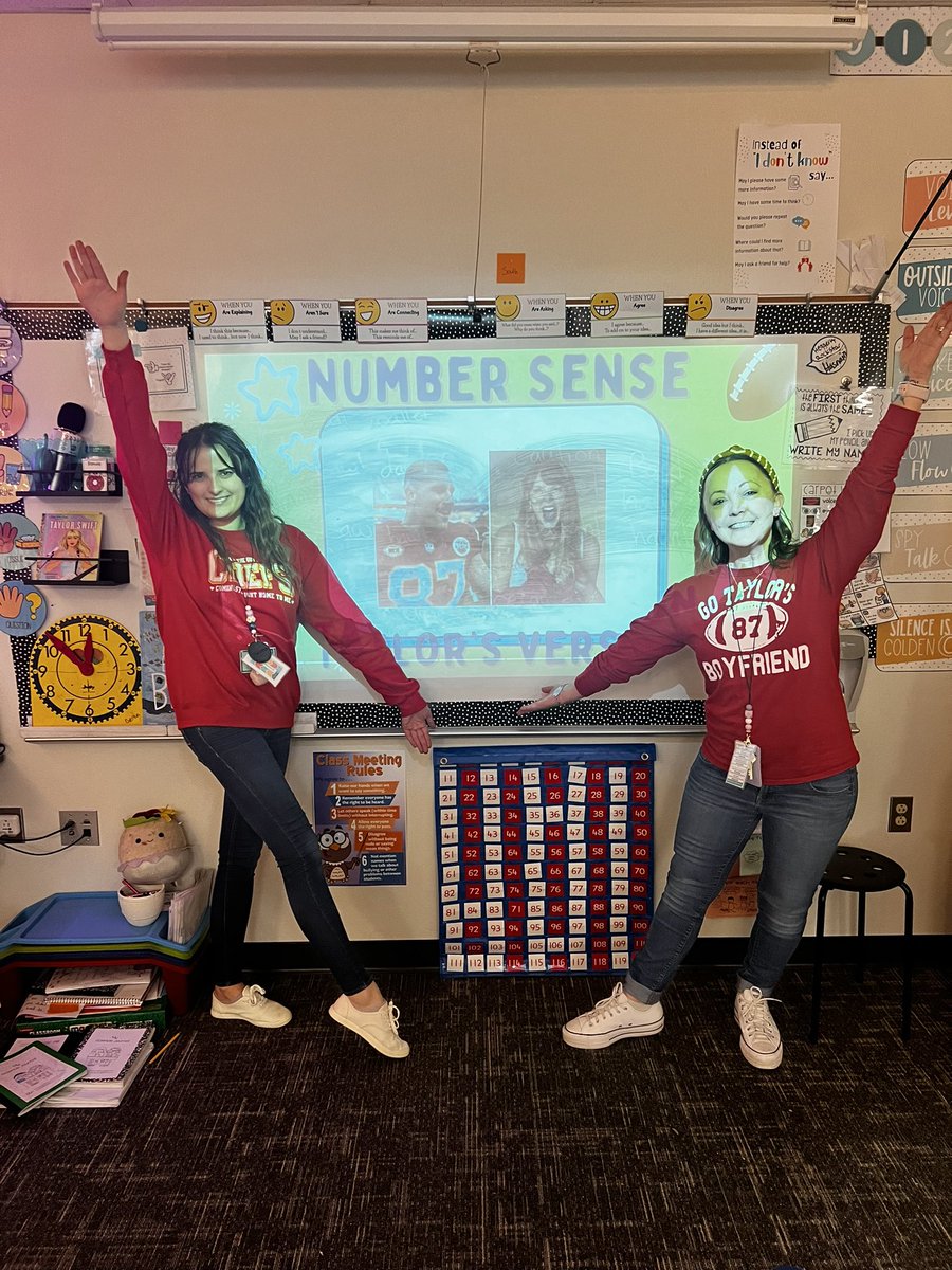 MindiGilder's tweet photo. Number Sense: Taylor’s Version!  It was fun to collaborate with Brittany Nicole today for some Taylor Swift/Super Bowl themed number sense problems   Counselor York had to get in on the picture action with her Taylor’s Version NFL shirt  😊🏈 @britngeren @MooneyhamElem https://t.co/IlbQH7rlys