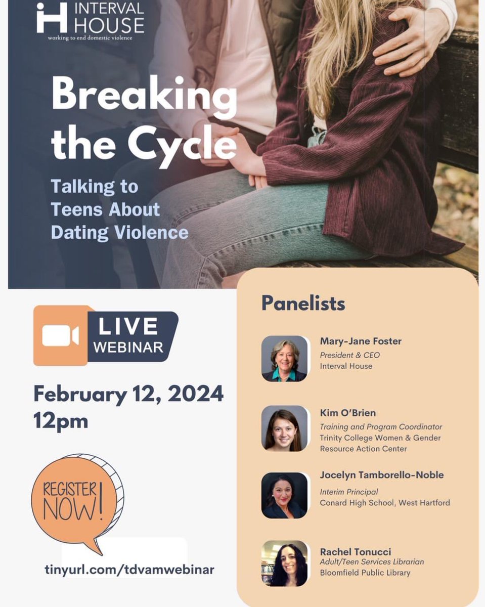 Join Interval House and our partners in prevention on Feb. 12th at noon for a webinar about the importance of proactive conversations and intervention when abuse is apparent in our teens’ relationships, and the resources available to parents and educators.
tinyurl.com/tdvamwebinar