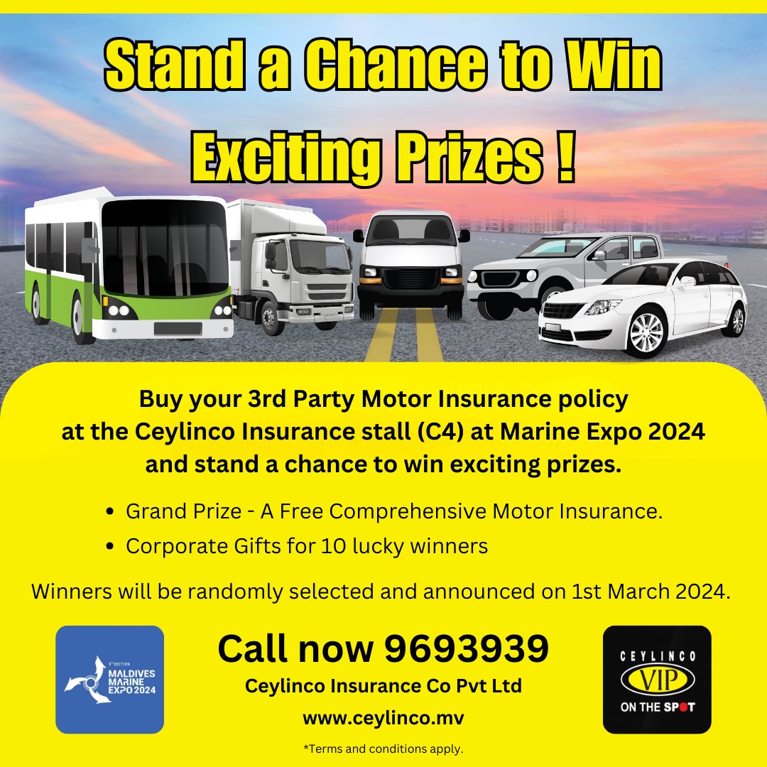 ceylincomv's tweet photo. Visit Ceylinco Insurance stall (C4) at Marine Expo 2024, Central Park  Hulhumale during 8th - 11th Feb and buy 3rd Party Motor insurance to Win Exciting Prizes!

Register Now: https://t.co/znOJOYUV1G

#Maldives #MaldivesMarineExpo #CeylincoVIP https://t.co/yu2qdJSosL