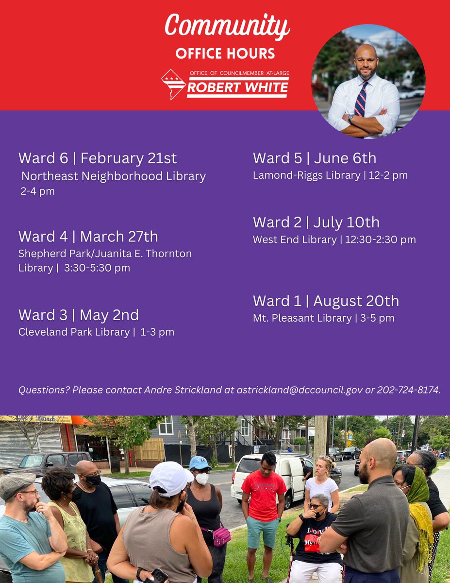 CMRobertWhiteDC's tweet photo. #Ward6 neighbors! Mark your calendars for my #CommunityOfficeHours happening next week, February 21, at Northeast Neighborhood Library. Come meet with me and share the issues that are on your mind. https://t.co/yEPcP091CS