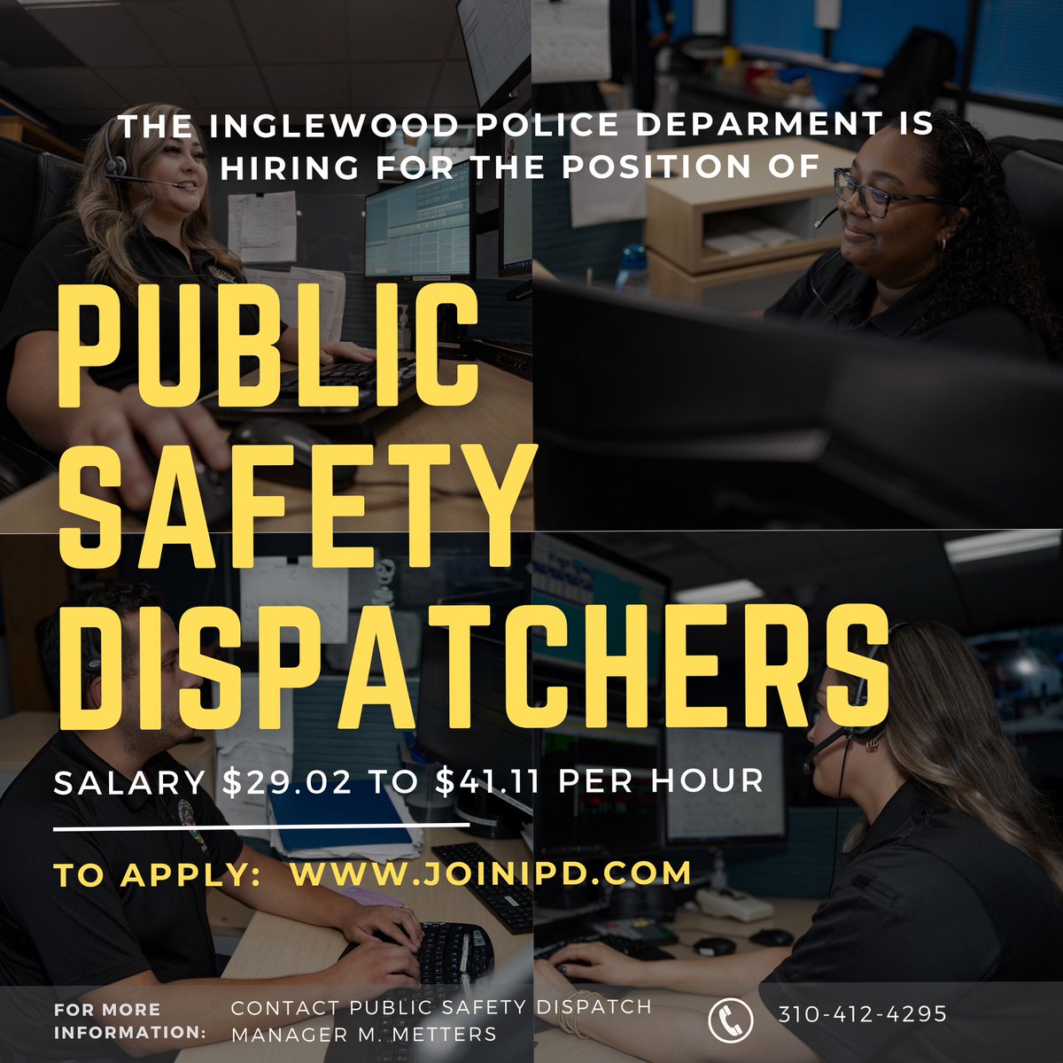 Inglewood Police (@inglewood_pd) on Twitter photo 🚨 <a href="/Inglewood_PD/">Inglewood Police</a> is looking for Public Safety Dispatchers. Step into a role that keeps our community safe.
🌟 Competitive salary range from $29.02 to $41.11 per hour + benefits
✅ Apply: joinipd.com
📞 More info? Call 310-412-4295 🚨 <a href="/Inglewood_PD/">Inglewood Police</a> is looking for Public Safety Dispatchers. Step into a role that keeps our community safe.
🌟 Competitive salary range from $29.02 to $41.11 per hour + benefits
✅ Apply: joinipd.com
📞 More info? Call 310-412-4295
