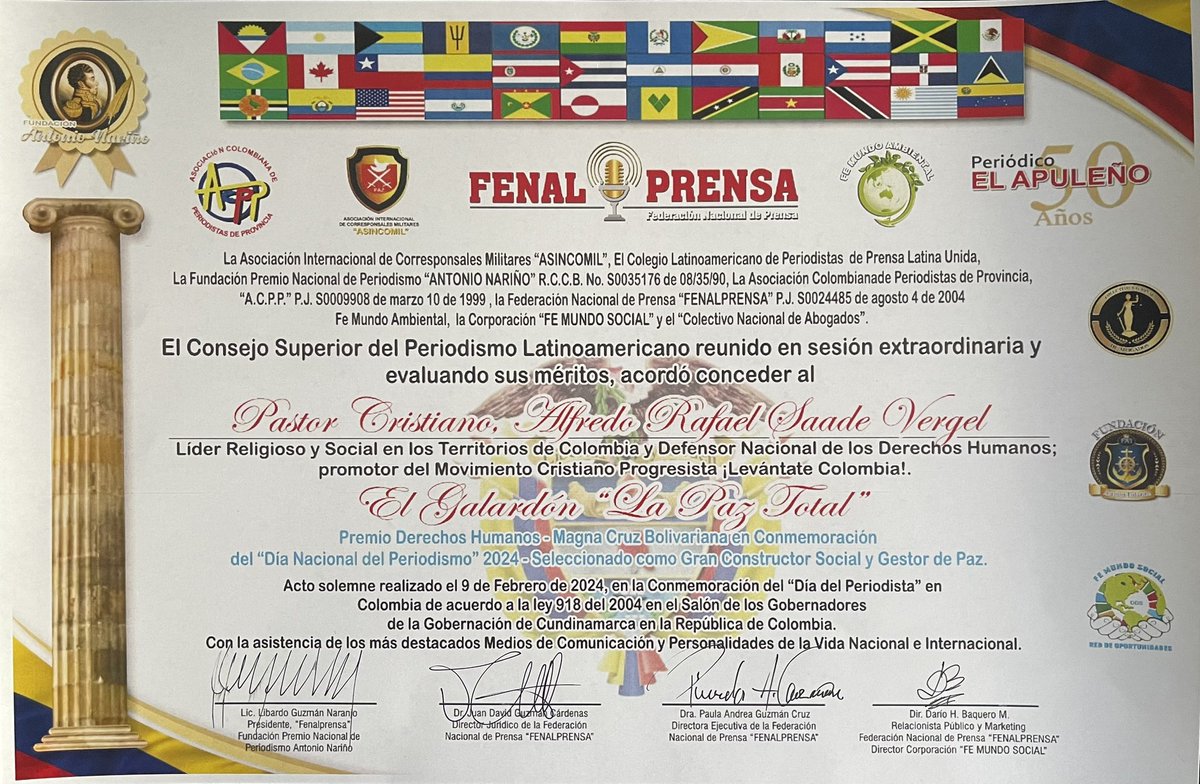 alfredosaadev's tweet photo. Hoy día del periodista, recibo con honor esta distinción.

Gracias @Fenalprensa_col y a todas las demás organizaciones (más de 10) que decidieron honrarme.

El periodismo debe construir nación sobre la base inamovible de la verdad y no sobre fundamentos mentirosos. Hoy los medios alternativos tienen la gran responsabilidad de bloquear en lo que más puedan, los titulares de prensa desestabilizadores que buscan tumbar al presidente @petrogustavo 

Levántate Colombia 🇨🇴