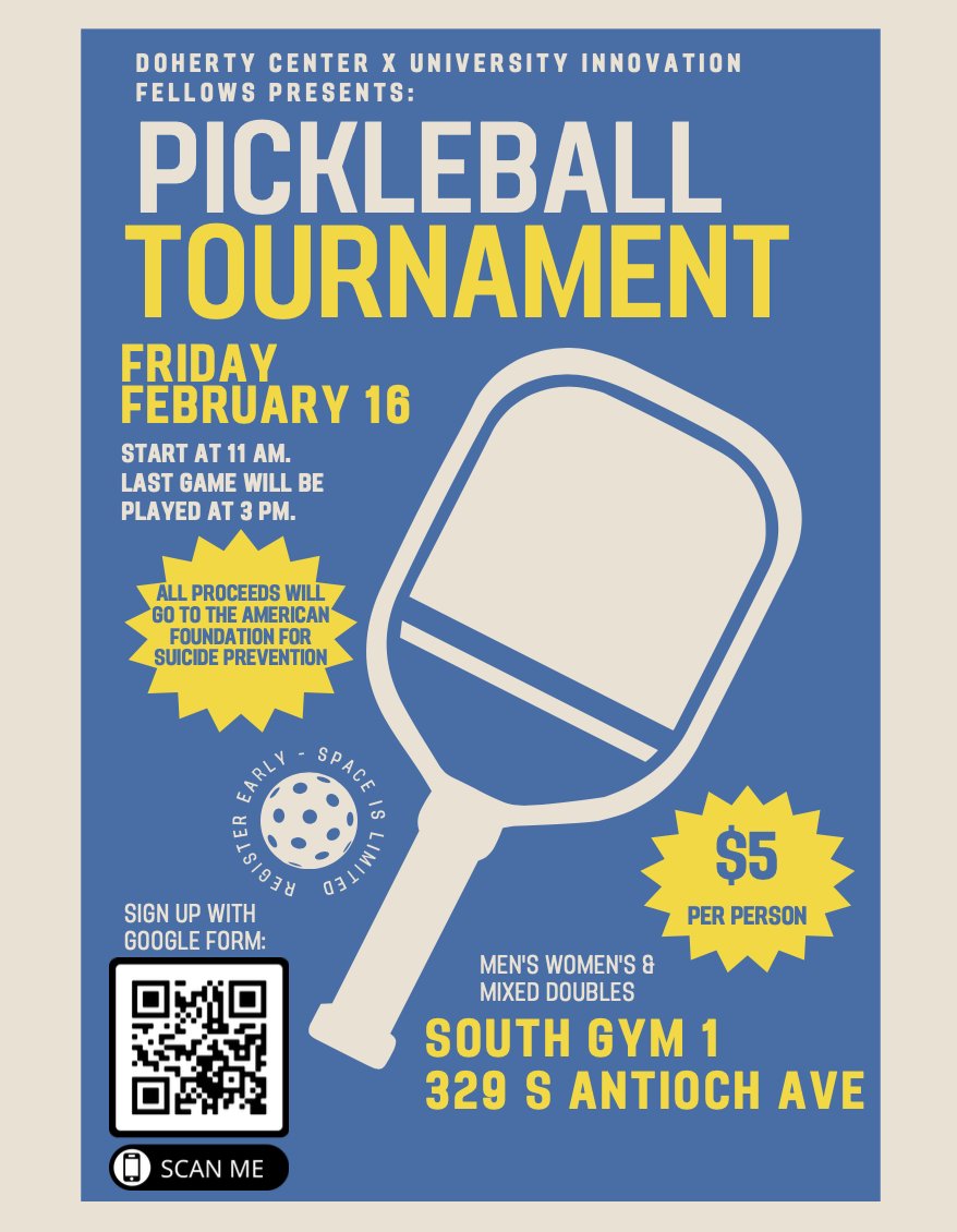 DohertyCenter's tweet image. Mark your calendars, The Doherty Center and the University Innovation Fellows are having a Pickleball tournament next Friday! Scan the QR code to sign up!