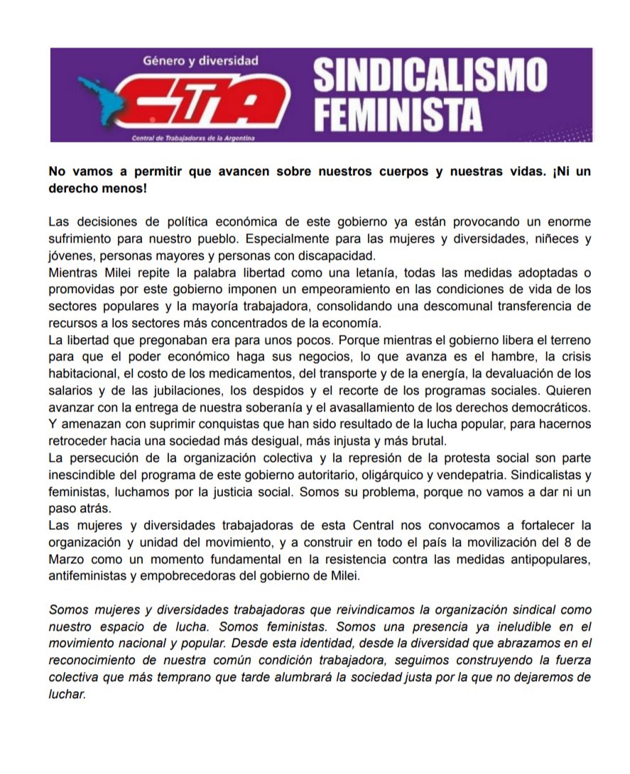 GeneroCTA's tweet image. ❌Ni un Derecho menos!

‼️No vamos a permitir que avancen sobre nuestros cuerpos y nuestras vidas

Las decisiones del gobierno de Milei ya están provocando un enorme sufrimiento para nuestro pueblo.
Nos convocamos a construir la movilización del #8M

Comunicado completo👇