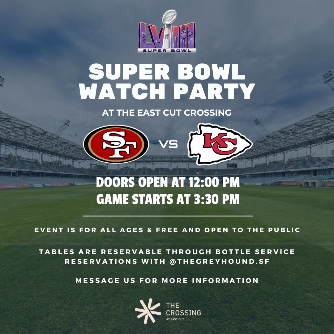 theeastcut's tweet photo. Cheer on the 49ers at a FREE Super Bowl Watch Party at The Crossing! We have a full bar and food kiosks on site. Bring your best Niners spirit! https://t.co/p8z4gFkYg9