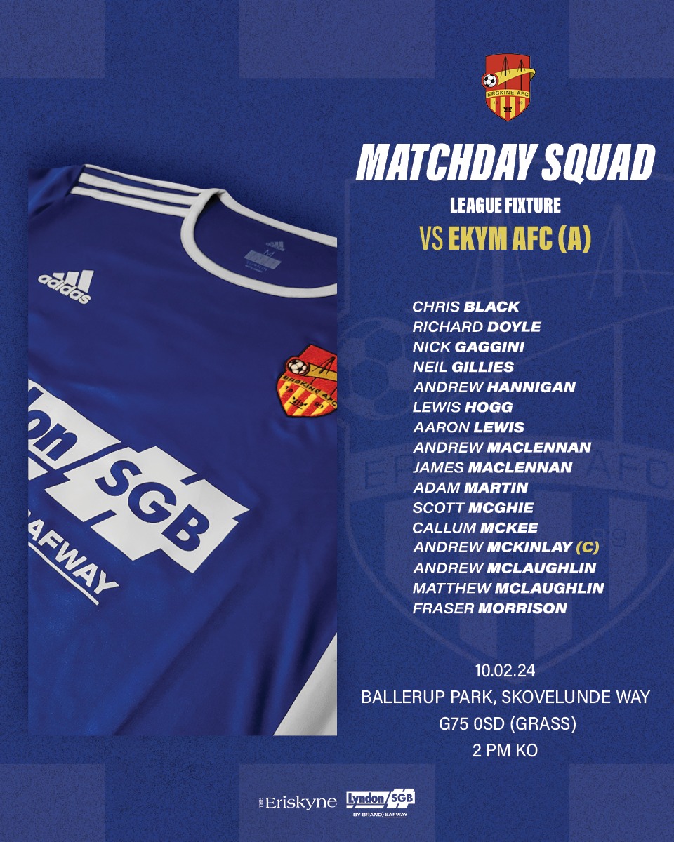 ErskineAFC (@erskineafc) on Twitter photo ๐ Saturday 10th February
๐ 14:00 KO
๐ Ballerup Park EK (Grass)
๐ <a href="/EKYM_FC/">East Kilbride YM FC</a>
๐ GGPAFL League Game
<a href="/theeriskyne/">The Eriskyne</a> @Lyndon_SGB ๐ Saturday 10th February
๐ 14:00 KO
๐ Ballerup Park EK (Grass)
๐ <a href="/EKYM_FC/">East Kilbride YM FC</a>
๐ GGPAFL League Game
<a href="/theeriskyne/">The Eriskyne</a> @Lyndon_SGB