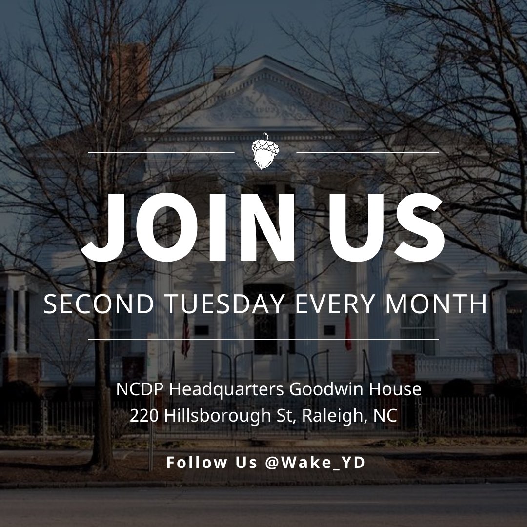 We've moved to Tuesdays! 

Join us the second Tuesday of each month at 6:30pm in the NCDP Headquarters in the Goodwin House. 

Use our mobilize link to sign up. See you there!