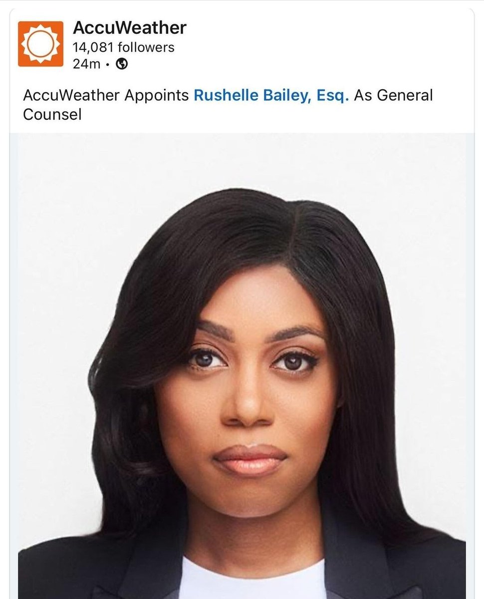 DahliaHarris's tweet photo. Congratulations to my niece Rushelle Bailey Esq. on being appointed General Counsel at AccuWeather. Focused, determined, passionate about what she does. She's an inspiration...and me just feel like bawl how me happy and proud. 😢 https://t.co/FuTaGWwtEF