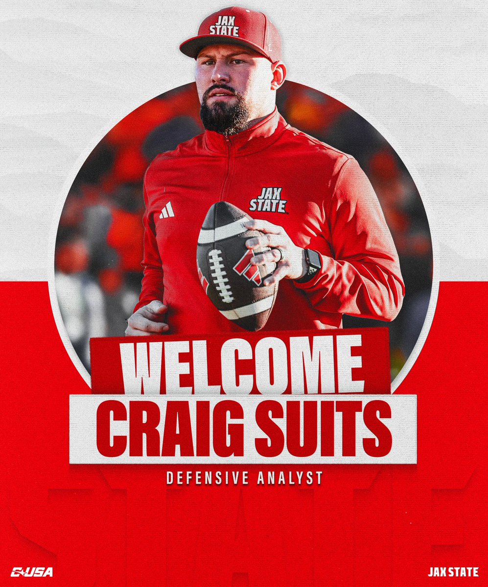 Jax State Football (@jaxstatefb) on Twitter photo Welcome Craig Suits to the Jax State Football Family‼️
<a href="/Coach_Suits/">Craig Suits</a>
#HardEdge | #EarnSuccess Welcome Craig Suits to the Jax State Football Family‼️
<a href="/Coach_Suits/">Craig Suits</a>
#HardEdge | #EarnSuccess