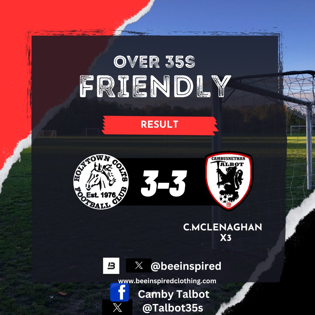 🤝🏻⚽️ MATCH RESULT ⚽️🤝🏻

Draw tonight against <a href="/AfcColts/">Holytown colts AFC over35s</a> 

Bare numbers in which was a fairly competitive game 
 
Goals tonight from 
<a href="/cmclenaghan/">chrisy mclenaghan</a> ⚽️⚽️⚽️👏🏻
<a href="/centregions35s/">Football Central 35s</a>