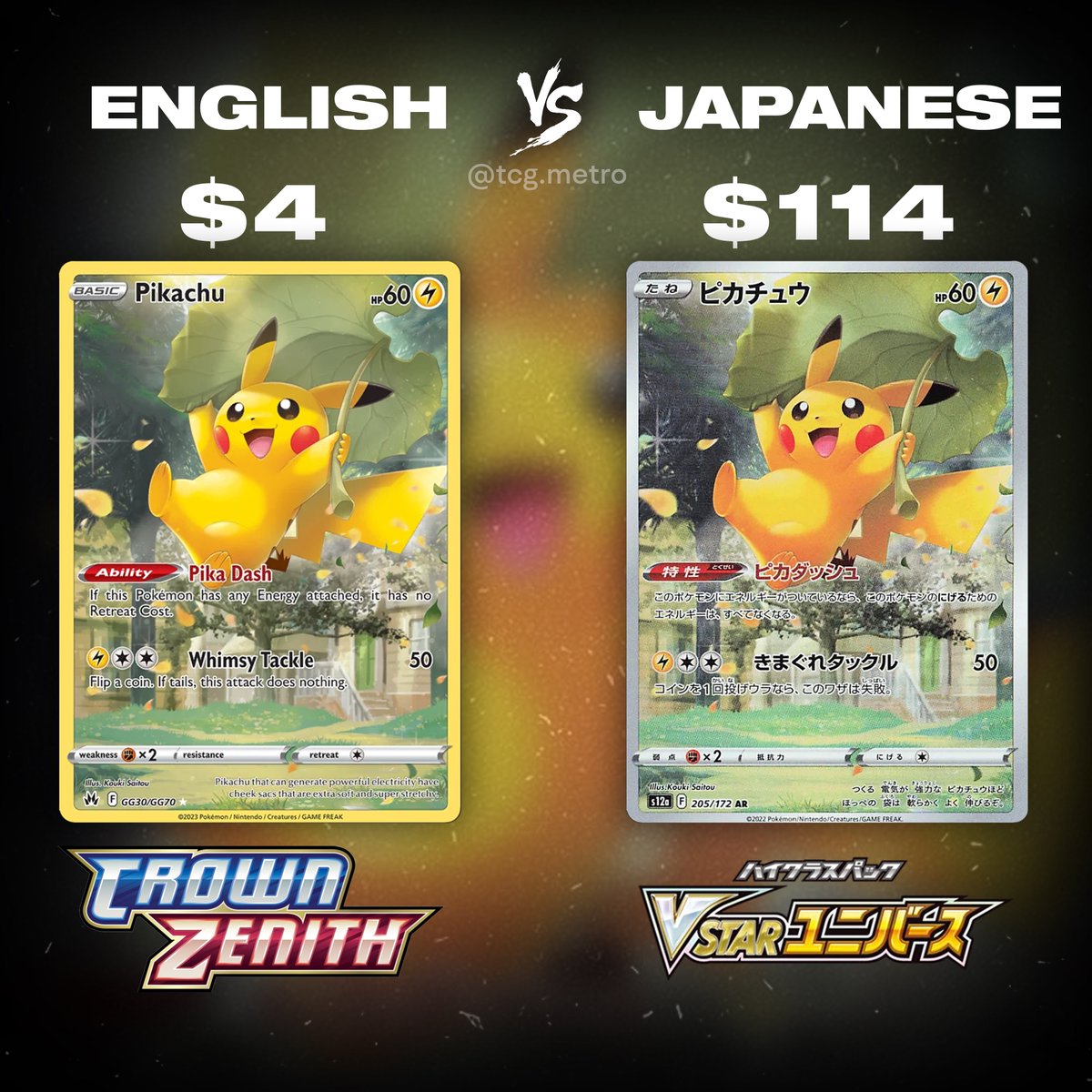 Crown Zenith vs VSTAR Universe: Pikachu Which one do yall prefer? Pikachu Galarian Gallery (English) or Pikachu Art Rare (Japanese) Fun fact: Japanese Pikachu was only available to pull through a god pack, while English Pikachu wasn’t. #PokemonTCG