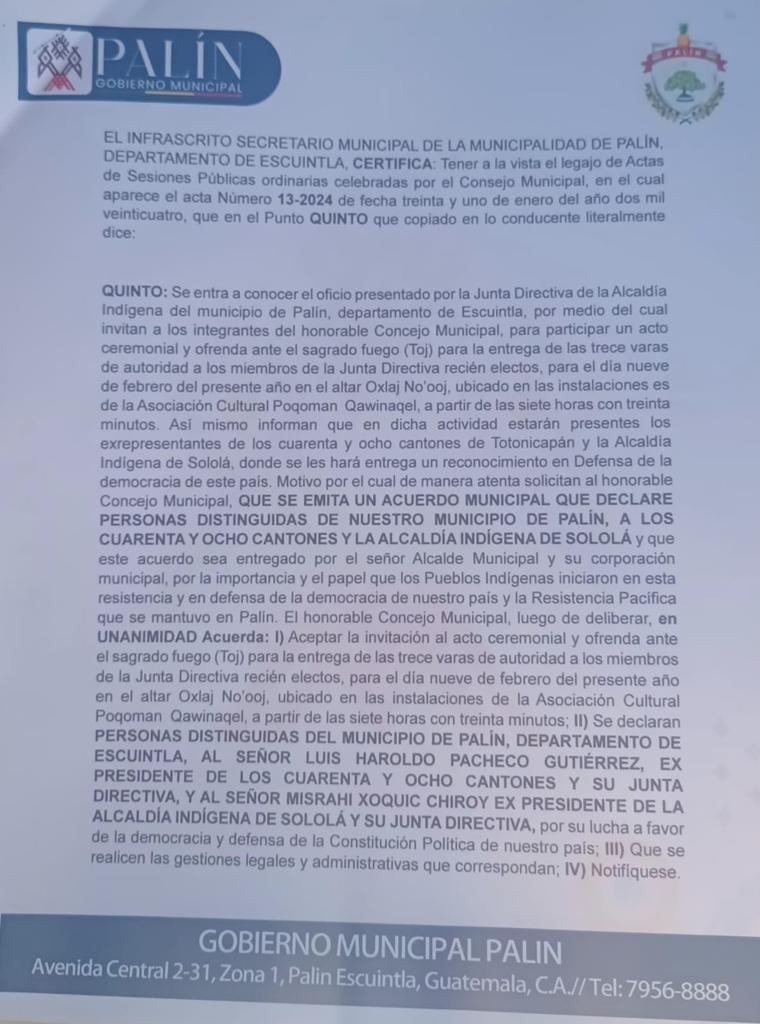 mmendoza_GT's tweet photo. 💥💥💥💥💥
"Estimados periodistas, compartimos el reconocimiento realizado por el concejo municipal de Palín, Escuintla a los señores Luis Pacheco Presidente del concejo de alcaldes comunales de los 48 cantones de Totonicapan 2023 y al Alcalde Indígena de Sololá 2022-2024 por su importante papel en la lucha por la defensa de la democracia."