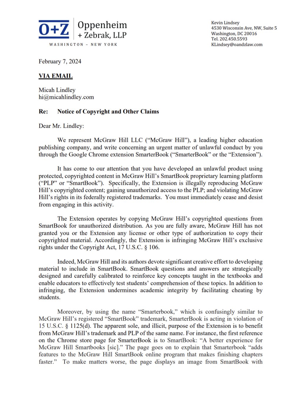 An image of the received cease-and-desist letter.