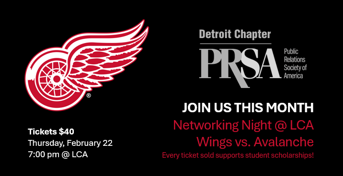🏒🥅Calling all PR pros + friends who love hockey! 

Join us for Networking Night at <a href="/LCArena_Detroit/">Little Caesars Arena</a> with the <a href="/DetroitRedWings/">Detroit Red Wings</a> on Feb. 22 @ 7PM.

Tickets only $40. $5 of each sold will go toward the PRSA Detroit Scholarship Fund.

Limited seats available: bit.ly/PRSADetroitRed…