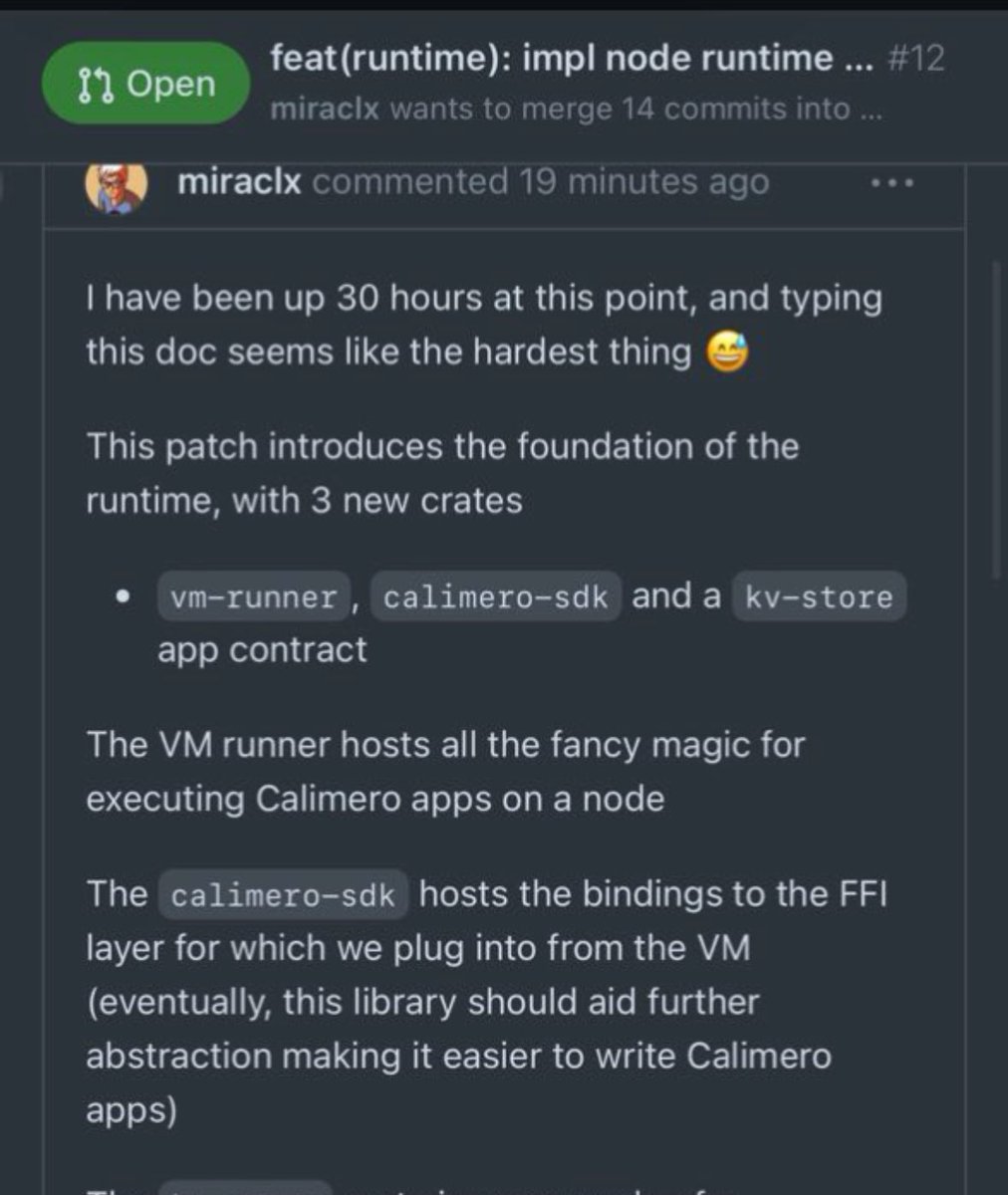 Something new coming out from the @CalimeroNetwork team soon, but I really feel that team members like this make me excited every day. Cannot be more legendary then a PR saying: “I have been up 30 hours at this point, and typing this doc seems like the hardest thing.” Private