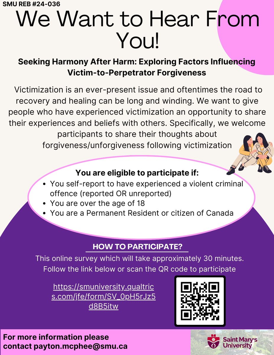 Participants needed‼️ To fulfill my MSc thesis, we are looking for individuals who have experienced a violent criminal offence to share their experiences, beliefs, and advice regarding forgiveness (or lack thereof!). To learn more, scan the QR code below or follow the link.