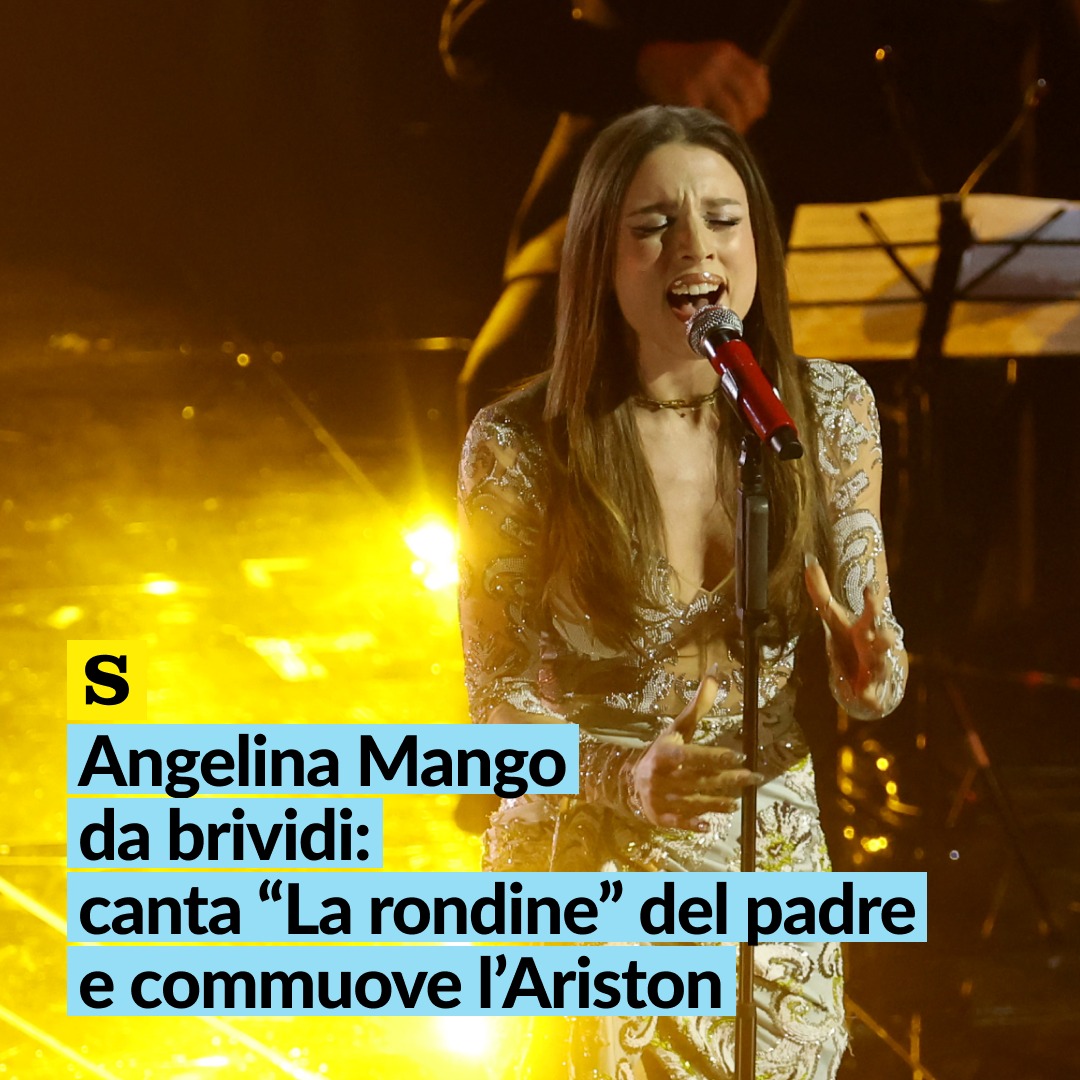 LaStampa's tweet photo. Angelina Mango si lascia trascinare da 'La rondine'. La sua grazia e l’intensità raggiungono l’anima. Lei raggiunge quelle note che sono lassù, sul palco al suo fianco c’è anche il papà. Brividi. Voto 9. ❤️

Le pagelle di @robypava e @alicetta su La Stampa 
#sanremo2024 https://t.co/o7IgVqU1sc
