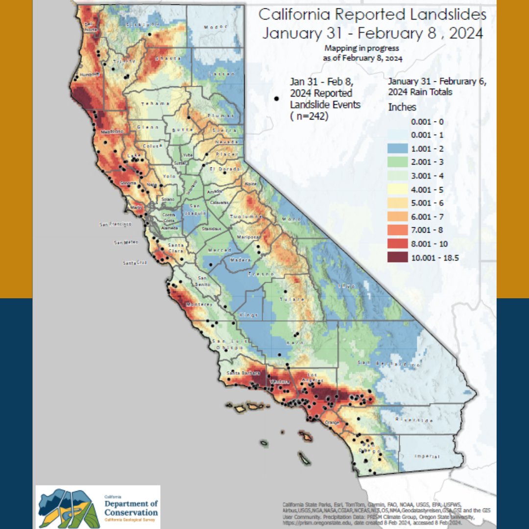 @Calconservation's California Geological Survey supports @Cal_OES by mapping reported landslides from recent storms. Now at 242 slides statewide (& counting) since the recent atmospheric river. @CalNatResources #landslide #AtmosphericRiver #emergencyresponse