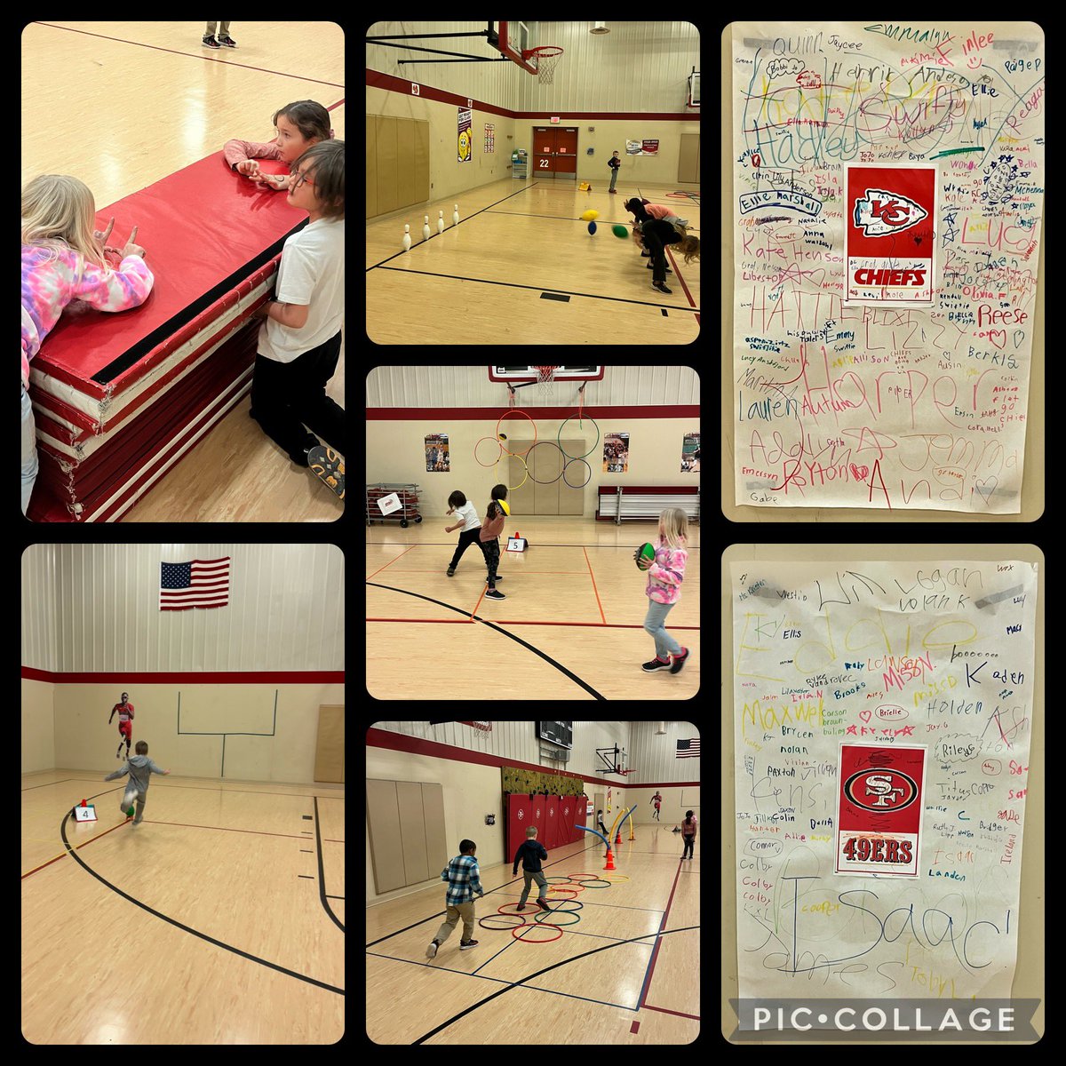 PeMissv's tweet photo. Fun Friday Football Stations 🏈before the #SuperBowl  is always my favorite! “Miss V. can you play @Usher ?” Umm…YES! 🎶 #SquirrelsES #centralcassnd #PhysEd #football https://t.co/a3NE78U2gQ