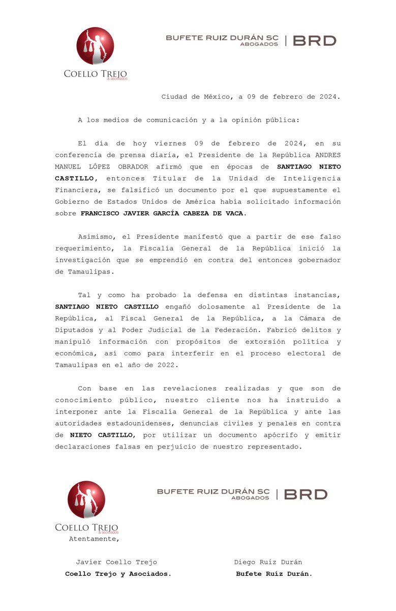 Comunicado de prensa para #México en base a las declaraciones de @lopezobrador_ está mañana se procede con denunciar ante la @FGRMexico a @SNietoCastillo asimismo en #EUA por falsificación de documentos para criminalizar a @fgcabezadevaca