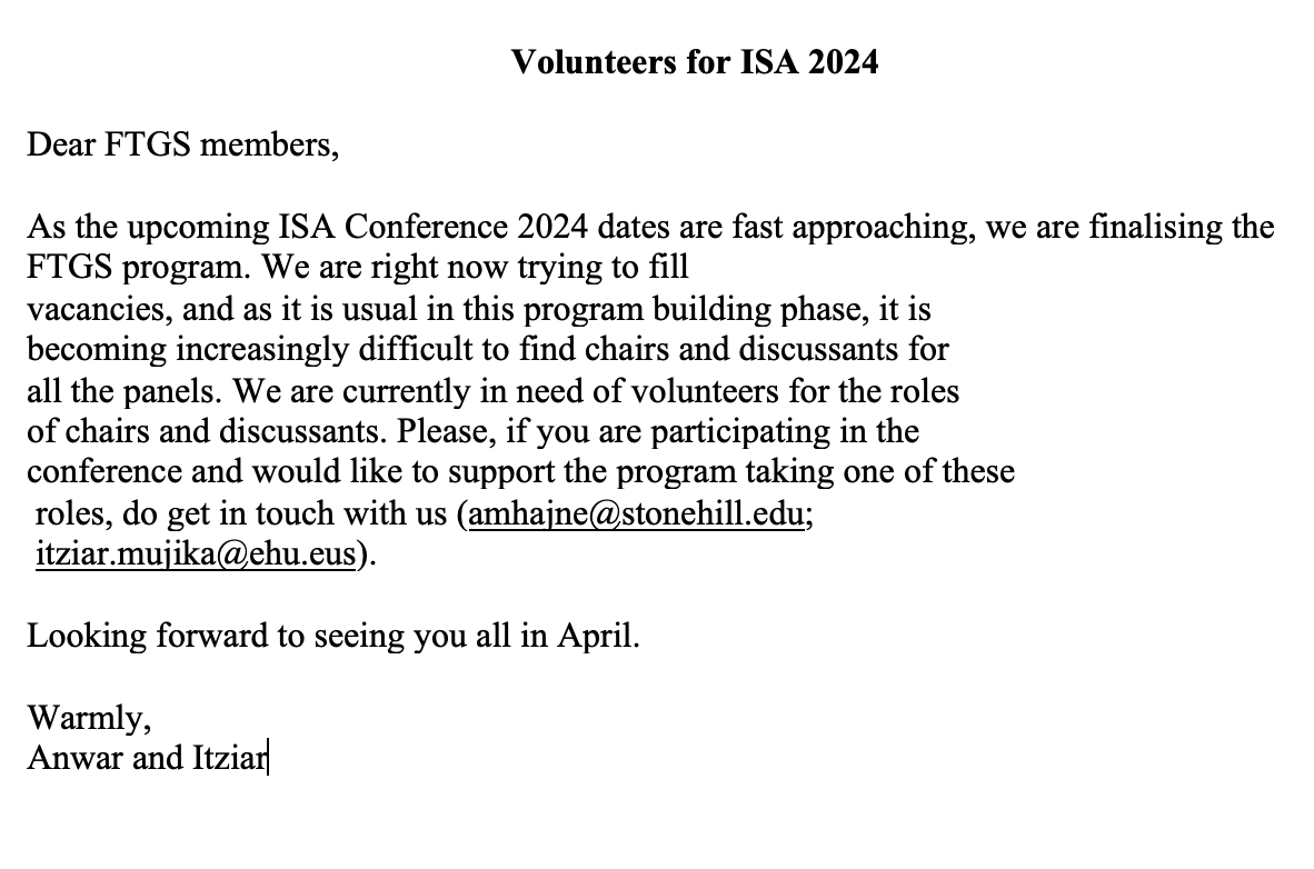 #ISA2024 is just around the corner and FTGS is looking for volunteers to fill chair and discussant roles on several panels. Please get in touch with @mhajneam or @FitoreMag if you are interested in participating. Email and details below ⬇️