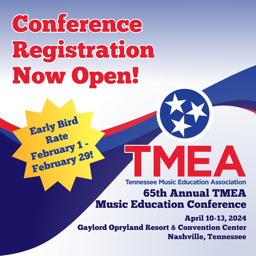 Registration is now open for the Tennessee Music Education Association 65th Annual Music Education Conference!
Visit our website to register today: tnmea.org/conference-reg…
Early Bird Rate: February 1-29, 2024
-----
65th Annual TMEA Music Education Conference
April 10-13, 2024