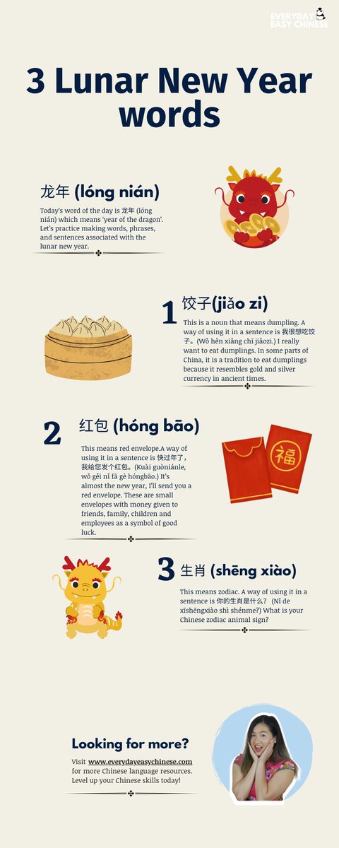 EverydayEasyChi's tweet image. 龙年快乐！ 祝大家身体健康，万事如意！Happy Year of the Dragon! We wish everyone good health and all the best in everything you do!  We will learn 3 different words related to the Lunar New Year today.

Which other related words do you know?
#learnchinese #chineselanguage