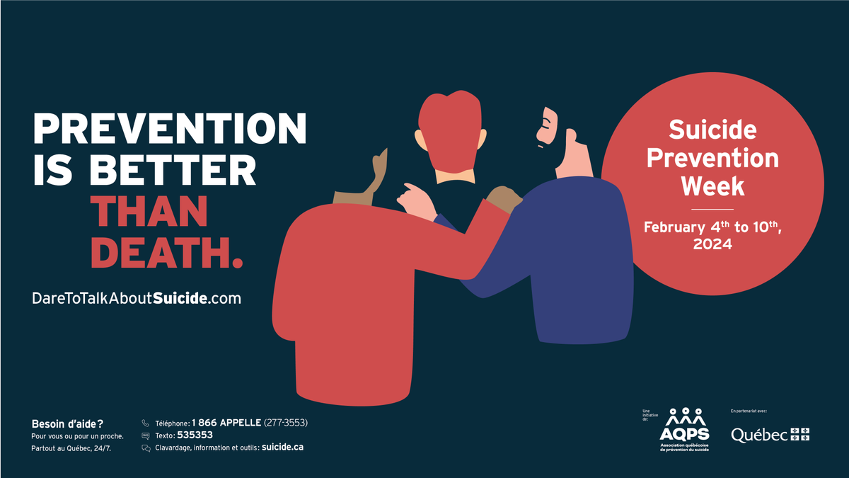 For Suicide Prevention Week from February 4 to 10, 2024, let's break the taboo. Let's dare to open the dialogue, because prevention makes a real difference. #DareToTalkAboutSuicide <a href="/AQPS_Quebec/">AQPS</a>