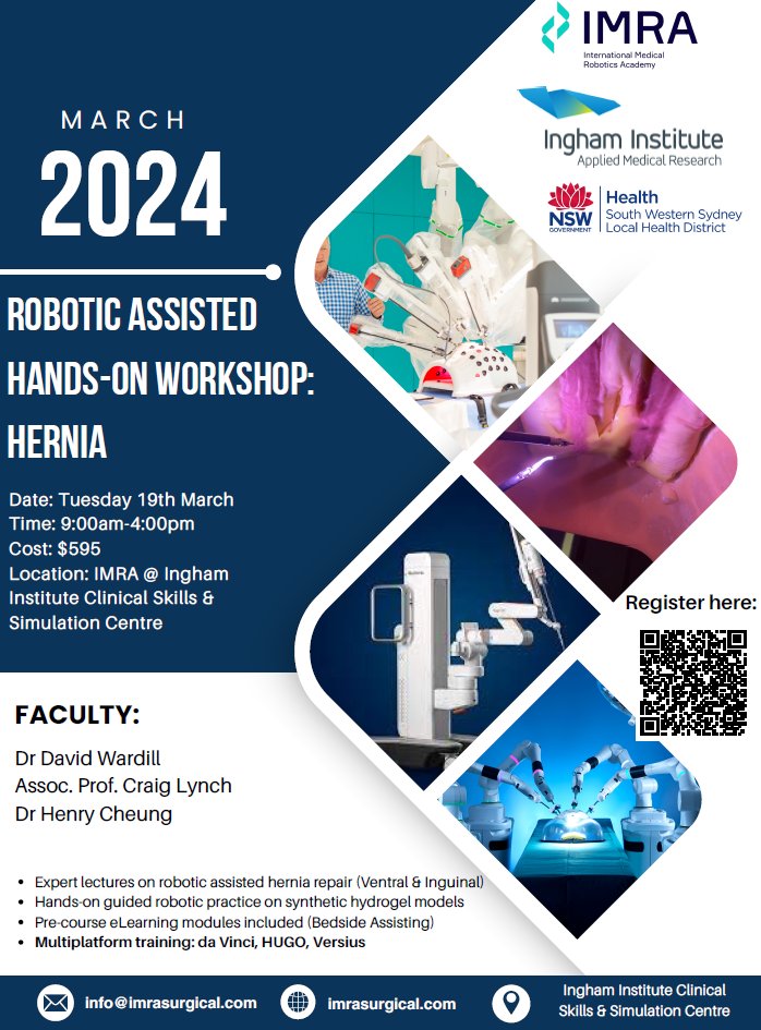 Join us @InghamInstitute for our first Robotic Assisted Hernia repair workshop Tuesday 19th March using synthetic hydrogel models. Multiplatform training!