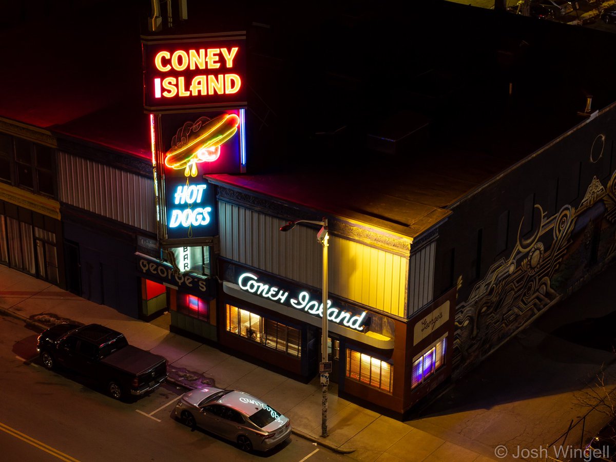 George’s Coney Island in Worcester, MA. #dronephoto #worcester #mavic3pro #drone #neon