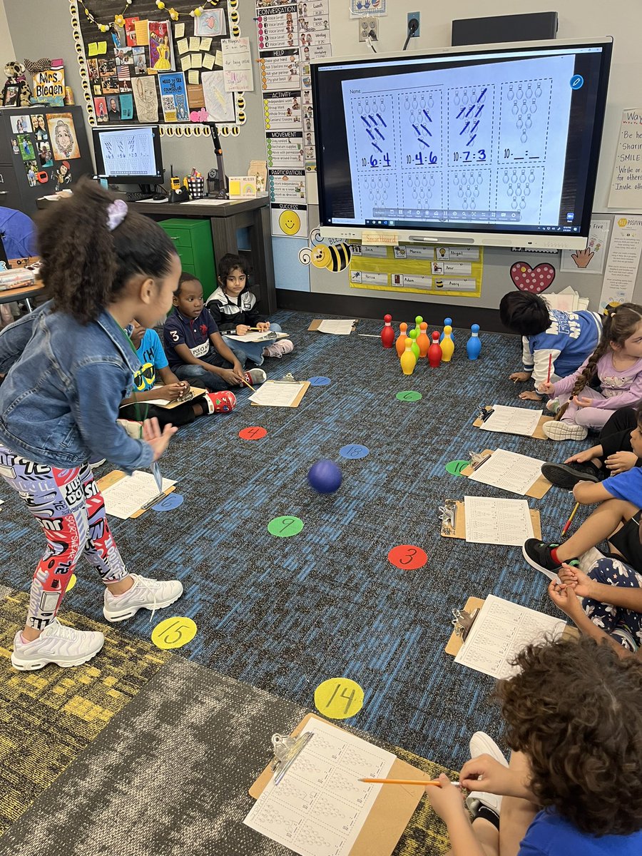 MrsBlegen's tweet photo. One of our Fun Friday activities - Subtraction Bowling! 🎳 Little Leopards would count how many they knocked down and how many pins were left standing. They then would write a number sentence about it! @OLE_Leopards #leadingthegacy https://t.co/7xblLgRTkV