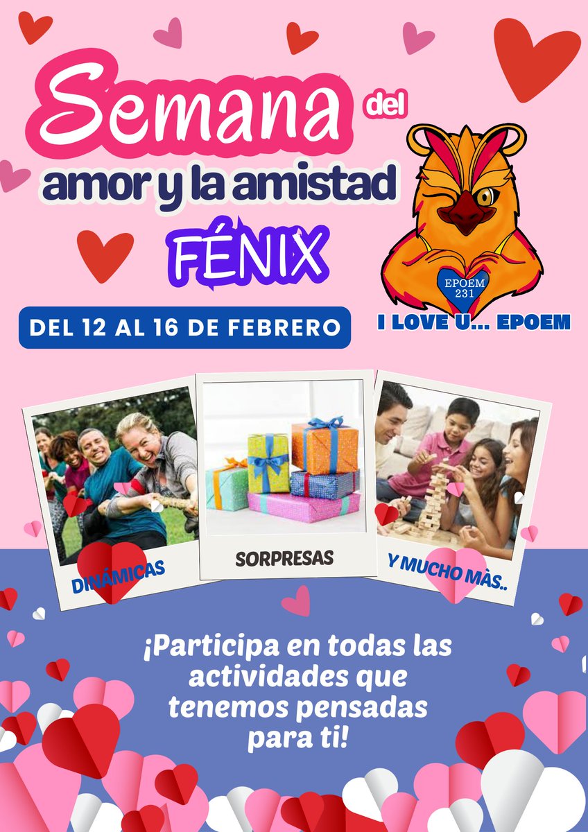 EPO_231's tweet photo. ¡Buena tarde! #ComunidadFénix

Con entusiasmo los invitamos a participar en las dinámicas que se llevarán a cabo en la Semana del Amor y la Amistad "Fénix" ♥️

📌 ¡Estén pendientes de las próximas actividades! 

#SomosFenix
#SomosEPO231
#SiempreUnPasoAdelante https://t.co/griRIWGknx