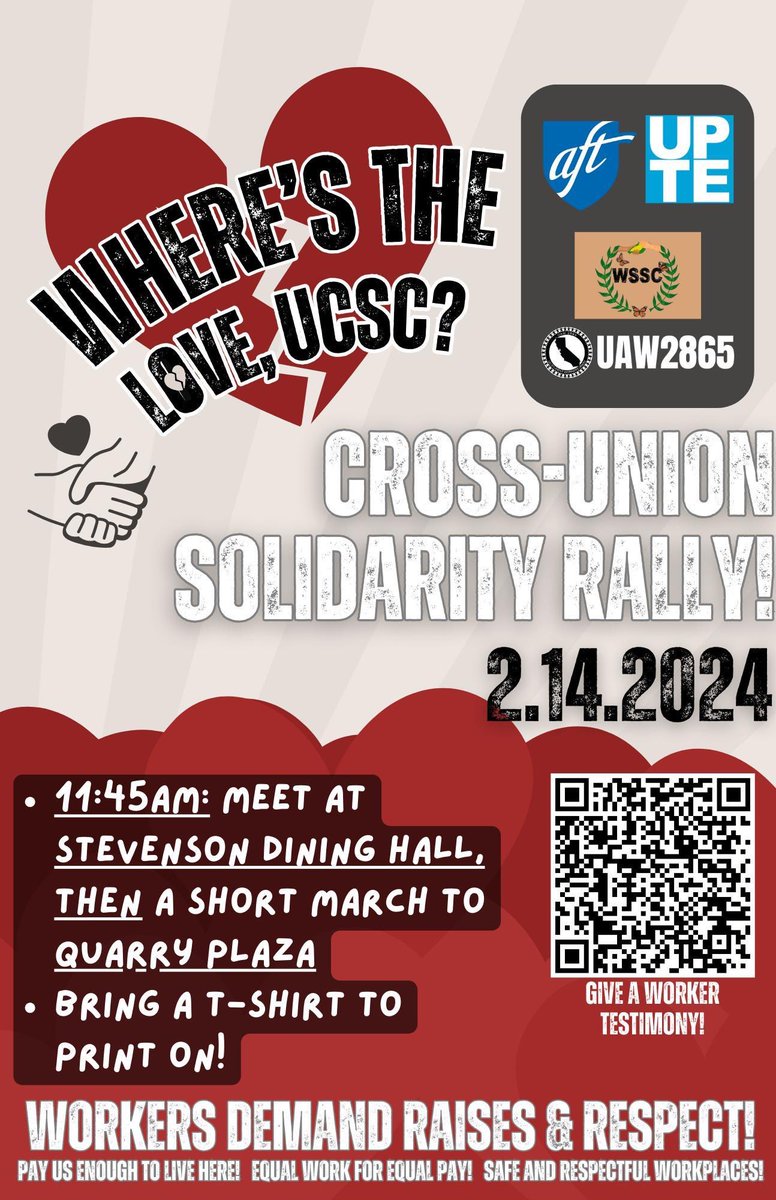 Join campus unions and the Worker Student Solidarity Coalition for a rally on Valentine's Day. It starts at 11:45am at the Stevenson dining hall. We’ll march to Quarry Plaza and hear from RAs, dining hall workers, lecturers, grads, healthcare staff, bus drivers, and others.