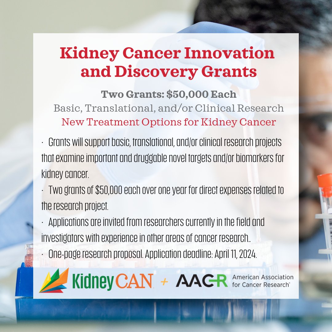 Calling all innovators in #kidneycancer research! 🧬 One page application = $50k for your work! Submit now and unlock funding to translate your ideas into life-changing treatments. You could drive the next big discovery! Details here: bit.ly/AACR-KidneyCAN…