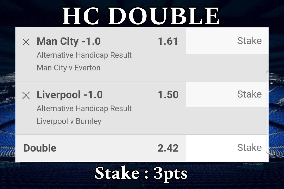 HANDICAP DOUBLE

First KO : 12.30pm

Premier League 🏴󠁧󠁢󠁥󠁮󠁧󠁿

#MCFC #LFC #Football #Tips