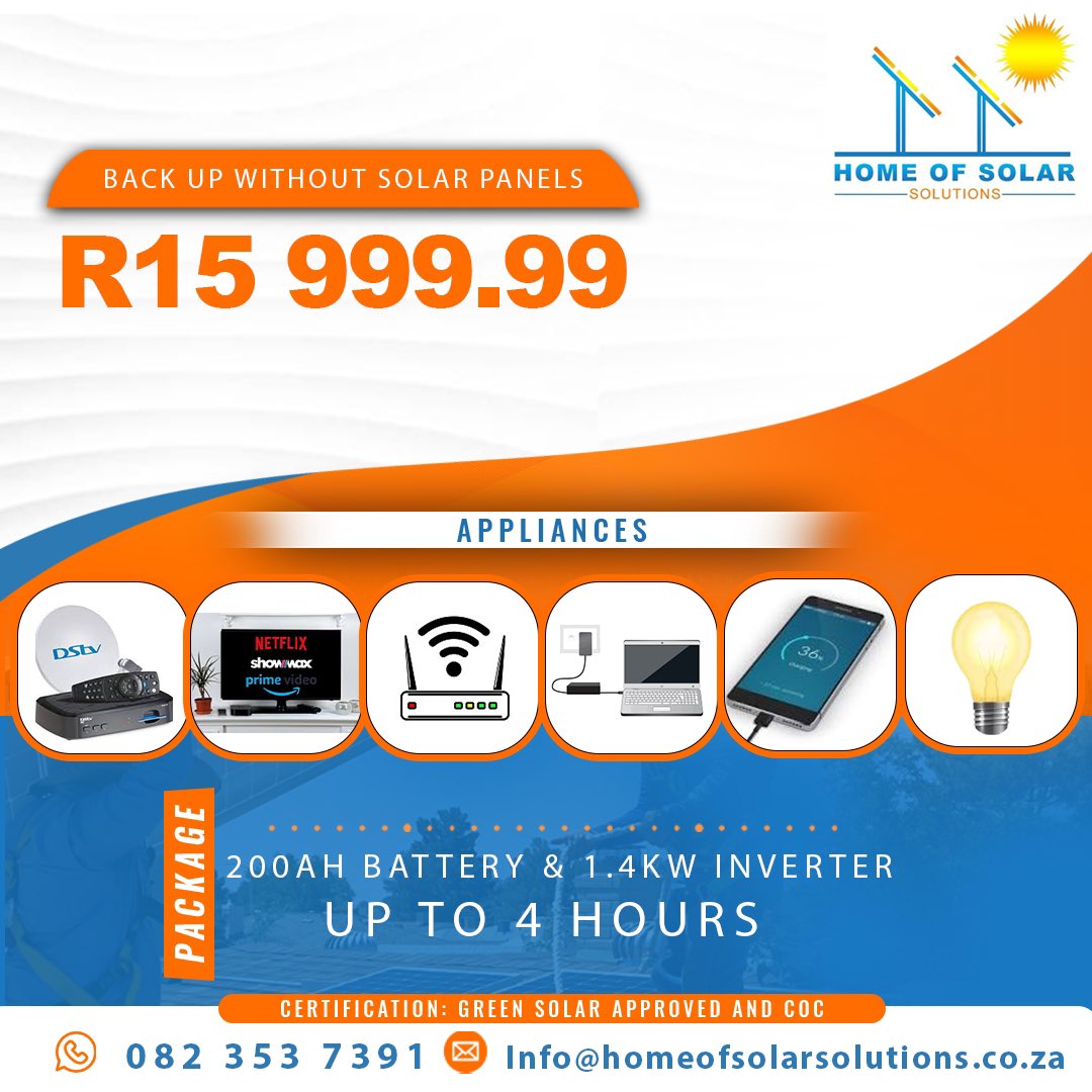 HomeofSolarS's tweet photo. Power Backup deal ! 

Avoid loadshedding and power your lights, TV, router, dstv, and charger your laptop &amp; phone… get in touch ☀️

#LoadsheddingUpdate #Eskom #Ramaphosa #stage4 #stage6 https://t.co/FIiHuTIF7l