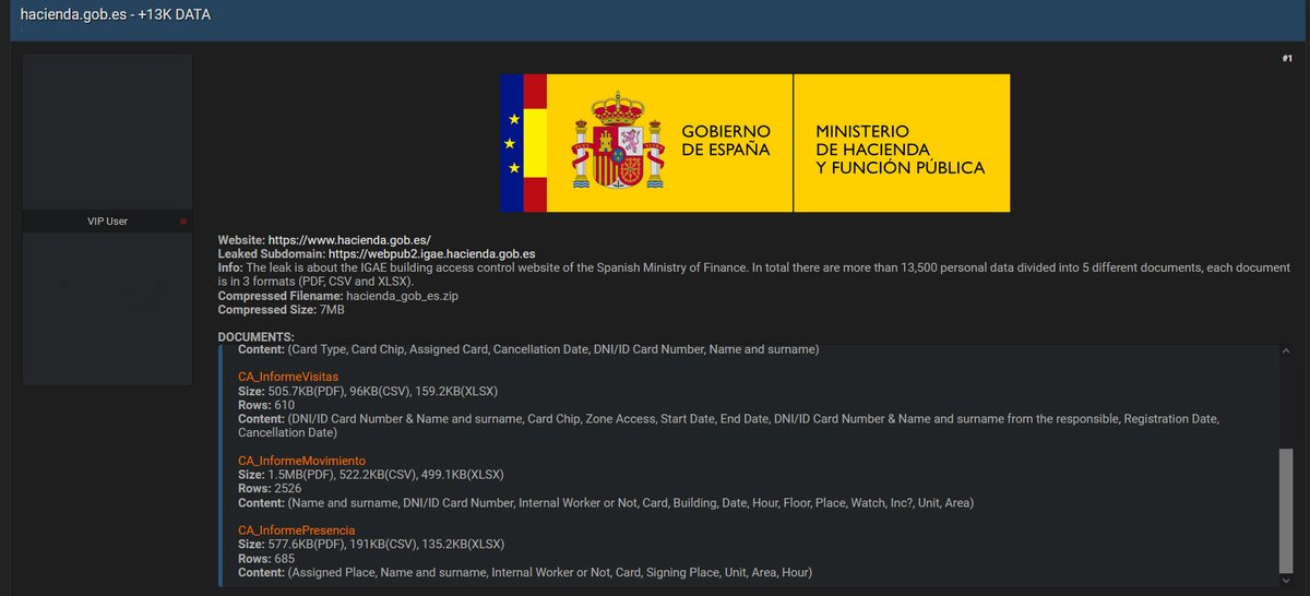 elhackernet's tweet image. 🇪🇸 Filtración 13.500 datos personales de la web de control de acceso a edificios de la IGAE del Ministerio de Hacienda de España

Página web: hacienda.gob.es
Subdominio filtrado: webpub2.igae.hacienda.gob.es