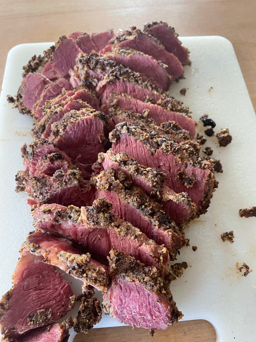 neumanmd's tweet photo. Today’s creation: bison pastrami home-cured &amp; smoked on the @chargriller Akorn. A bit heavy on the rub but definitely a decent 1st effort. Recommend! https://t.co/caoKkFmoAc