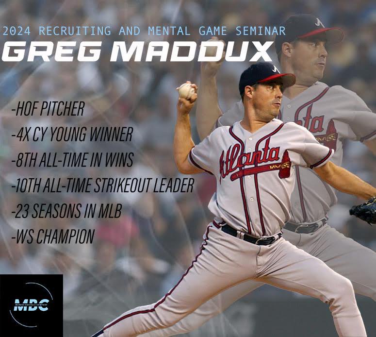 Our 2024 Recruiting and Mental Game Seminar is just 16 days away! Join us on February 25th to hear from our panel of guest speakers including Hall of Fame Pitcher, Greg Maddux! DM us for info on how to secure your spot today!