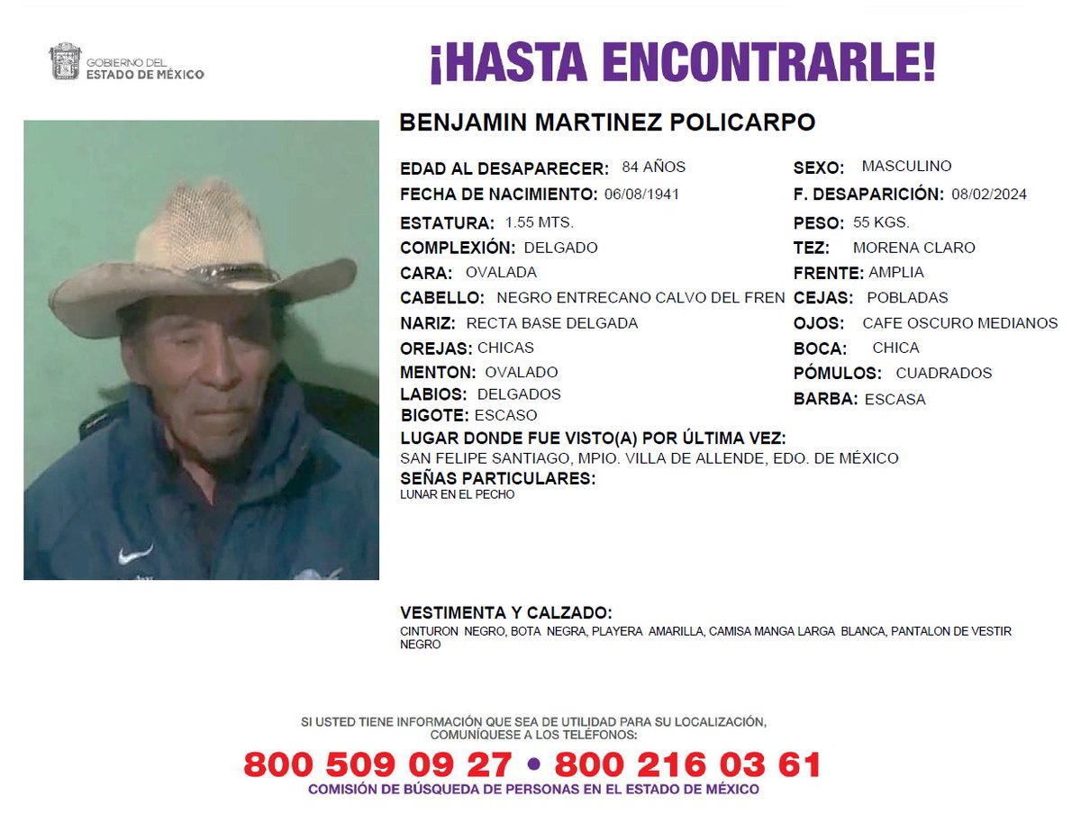 Solicitamos de tu apoyo en difusión para dar pronta localización a Benjamín Martínez Policarpo, comunícate a los teléfonos de COBUPEM 800 216 0361, 800 509 0927. #TodosEnLaBúsqueda