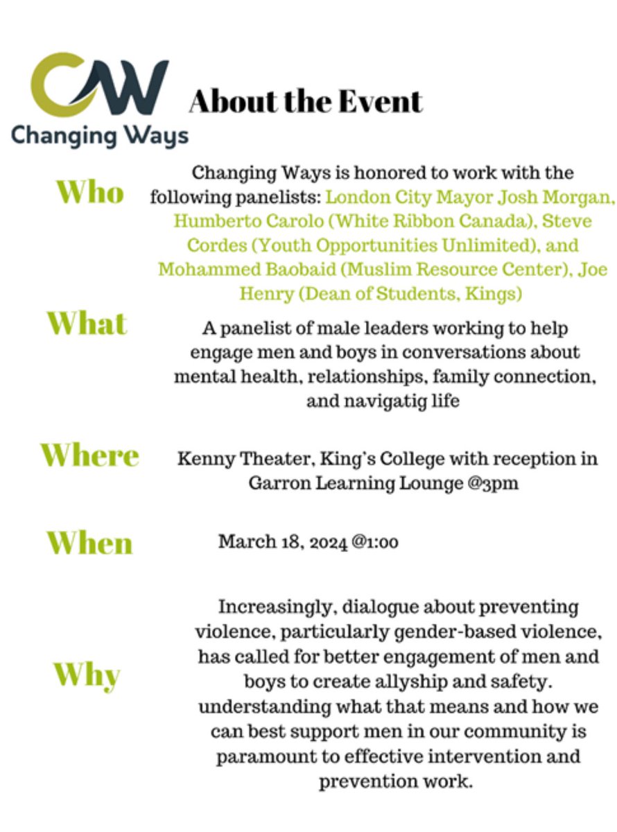 Looking forward to being part of panel of leaders in #ldnont to meaningfully engage men and boys in anti-violence work. Thanks to @_ChangingWays for leading this important conversation and I am proud we can have this @KingsAtWestern