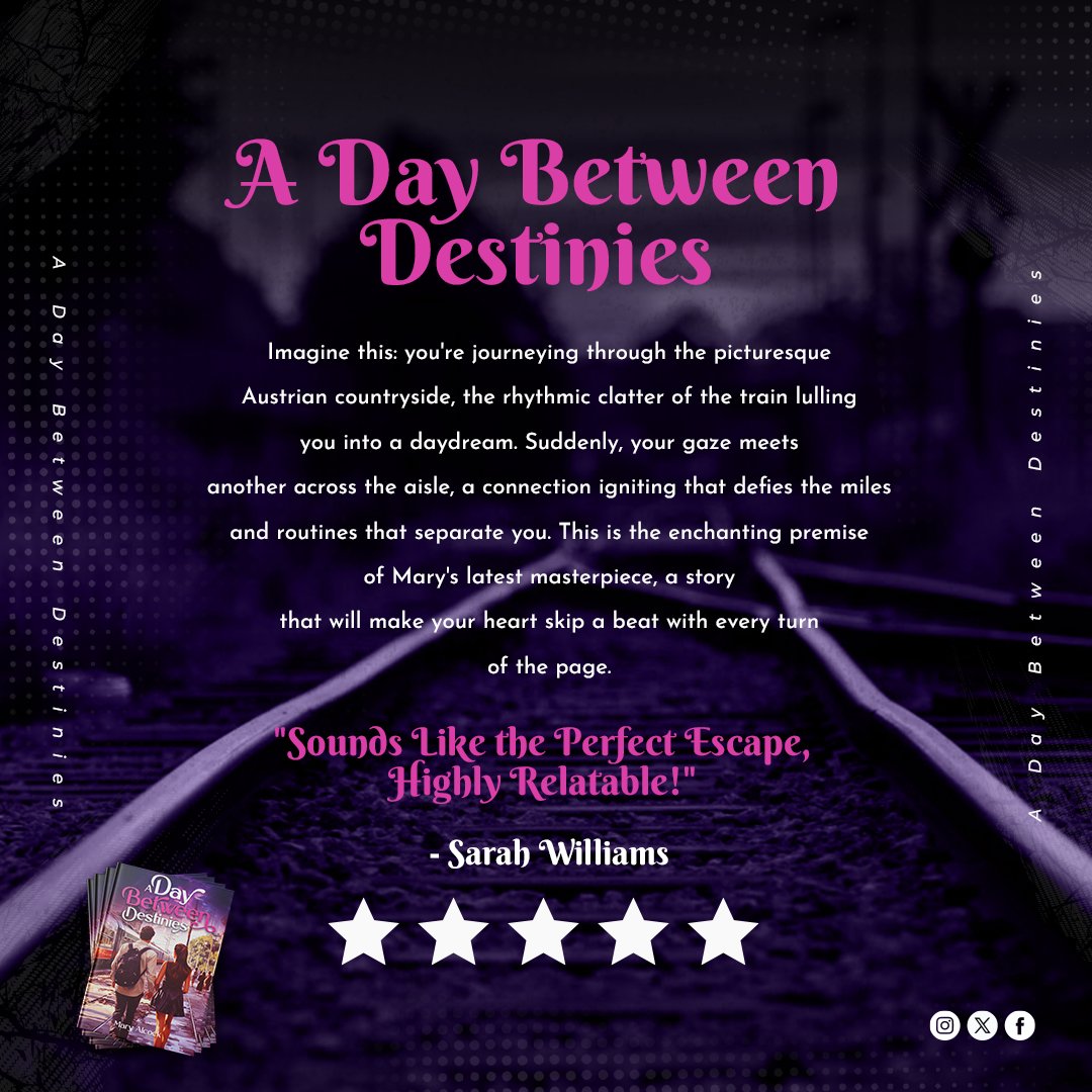 Have you ever wondered what would happen if you met your soulmate on a train?

Will fate bring them together, or will their love fade away? Stay connected to know!

#adaybetweendestinies #MaryAlcock #romance #bookfeature #trainromance #fatedlove #newrelease
