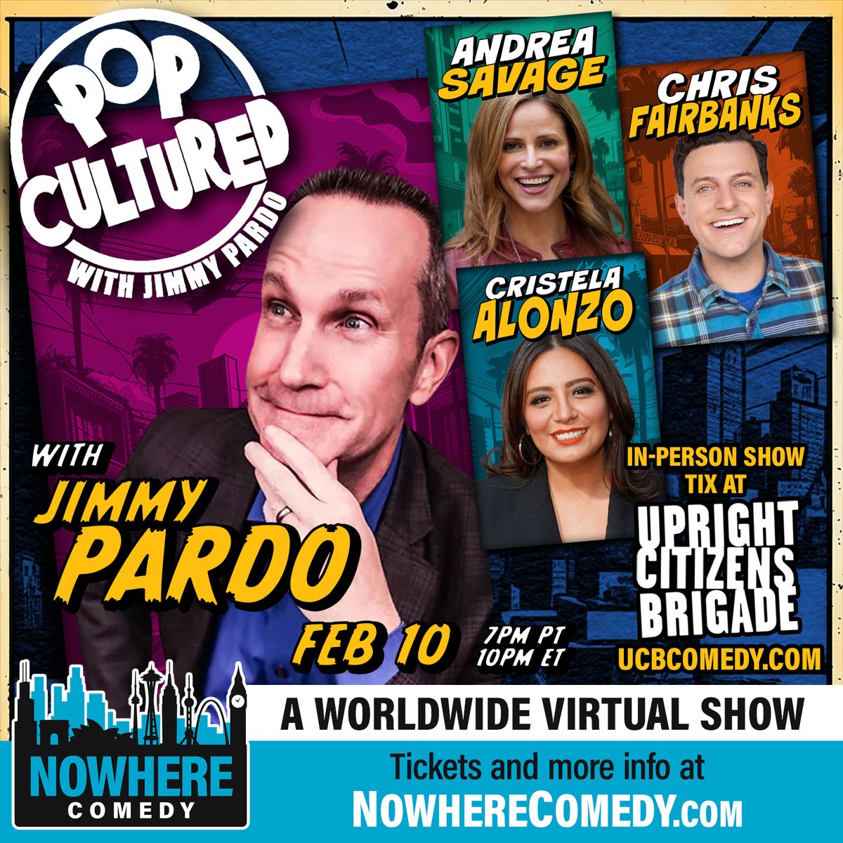 Nowhere Comedy (@nowherecomedy) on Twitter photo Tonight's the night! Dive into a comedy fest with #PopCultured, hosted by <a href="/jimmypardo/">Jimmy Pardo</a>. Enjoy laughs with <a href="/andreasavage/">Andrea Savage</a>, <a href="/chrisfairbanks/">Chris Fairbanks</a>, and <a href="/cristela9/">Cristela Alonzo</a>. Hilarious games & non-stop fun at NowhereComedy.com! #ComedyNight Tonight's the night! Dive into a comedy fest with #PopCultured, hosted by <a href="/jimmypardo/">Jimmy Pardo</a>. Enjoy laughs with <a href="/andreasavage/">Andrea Savage</a>, <a href="/chrisfairbanks/">Chris Fairbanks</a>, and <a href="/cristela9/">Cristela Alonzo</a>. Hilarious games & non-stop fun at NowhereComedy.com! #ComedyNight