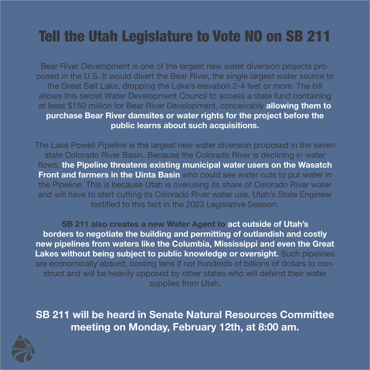 SB 211 is a disastrous new bill for the Great Salt Lake. Contact the Senators on the Senate Natural Resources, Agriculture, and Environmental Committee, and tell them to vote "NO" on SB 211.