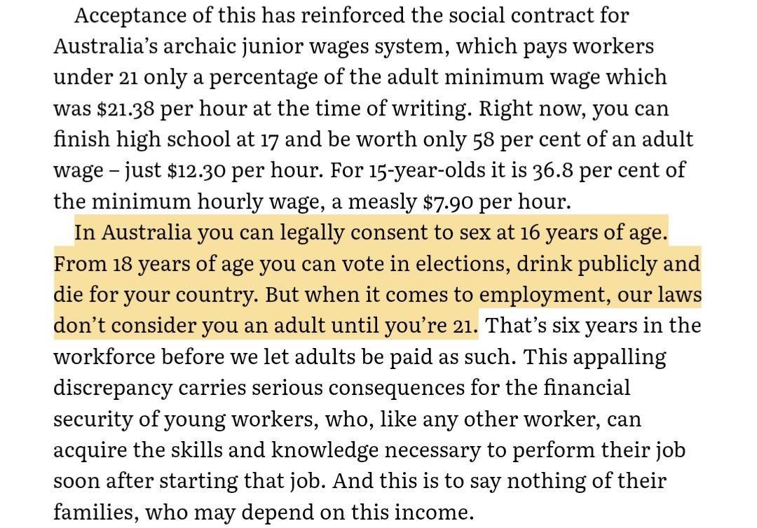 Nice passage from @ak_pennington's compelling 'Gen F'd?' Australia's different minimum wages depending on age has always puzzled me, other countries seem to get on fine without it and it creates perverse incentives for firms to drop off hours offered as you get older.