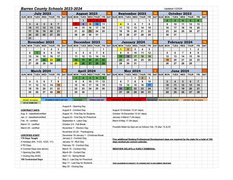 Barren Co. Schools on X: "The school calendar has been updated! We will  make up the January 16th snow day on May 17. Click here to access a PDF of  the calendar: