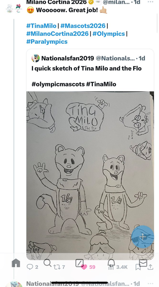 I just found out that that official account of Milano Cortina 2026 quoted my tweet!

#olympicmascots #TinaMilo