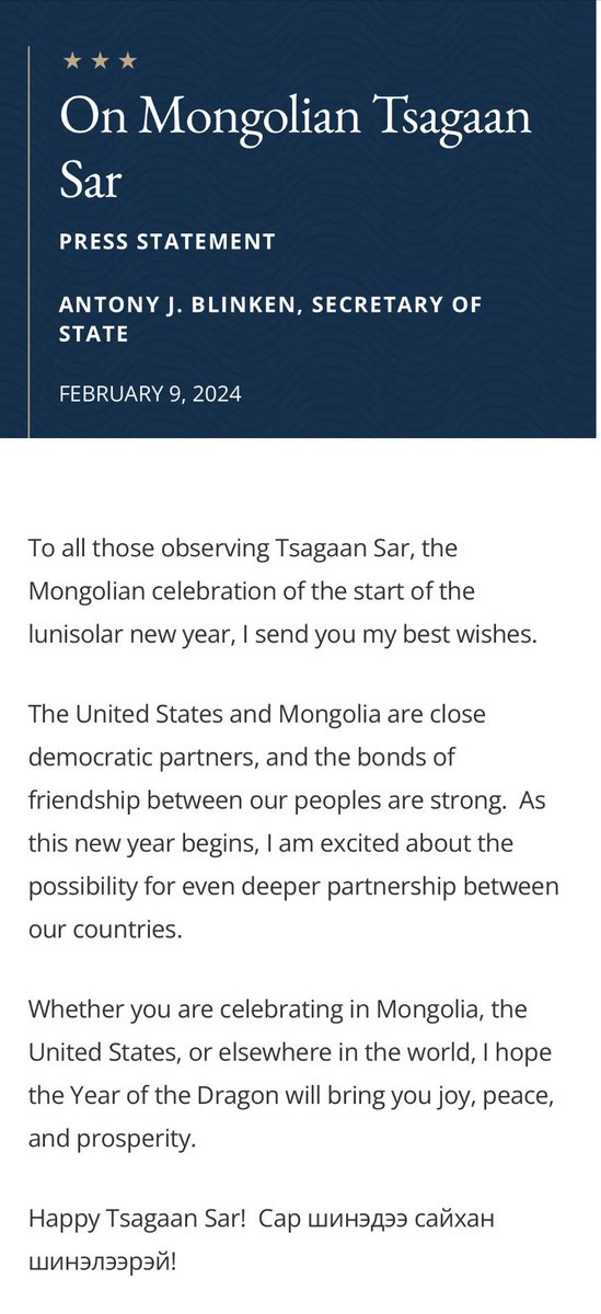 Байденаас өмнө Цагаан ордон Chinese new year гэдэг байж билээ. Байден 3 жилийн өмнөөс албан ёсоор  Lunar new year болгосон. Одоо Монголын тооллыг хүндэтгэж Цагаан сар гэдэг болжээ. Баярлалаа Америк ! <a href="/USAmbMongolia/">Ambassador Richard Buangan</a>